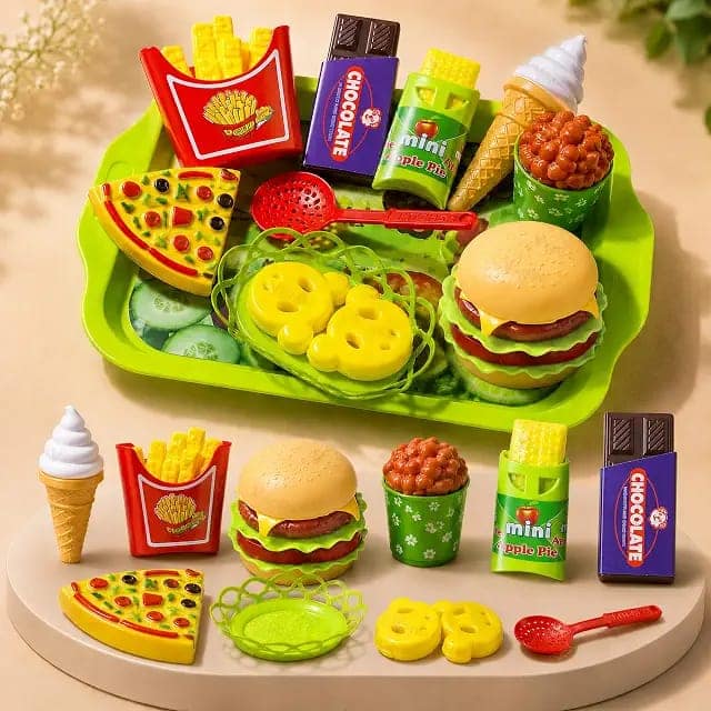 VikriDA DIY Burger Fast Food Play Set for Kids|Pretend Play Food Toy with Burger Pizza Fries Ice Cream & Accessories|Educational Role Play Kitchen Toy for Boys & Girls Age 3+ view 3