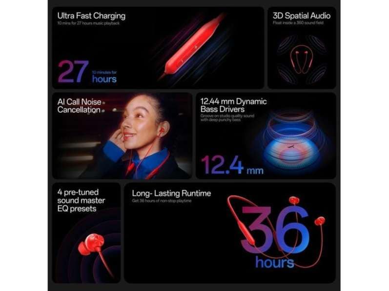 OnePlus Bullets Wireless Z3 In-Ear Neckband with 12.4mm Drivers, 3D Spatial Audio, 10 mins Charge for 27 hrs Playback - Mambo Midnight view 3