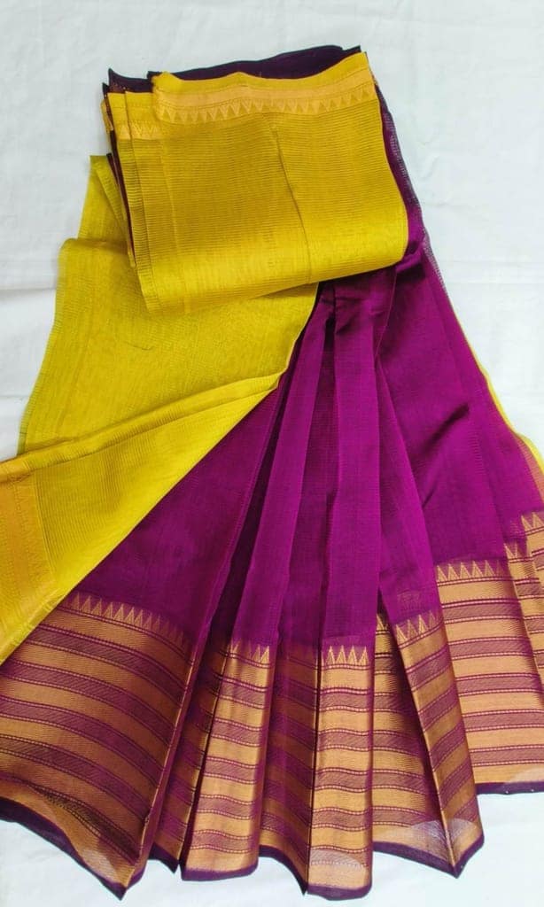 Yellow and Purple Kanchipuram Silk Saree With Blouse Piece view 2