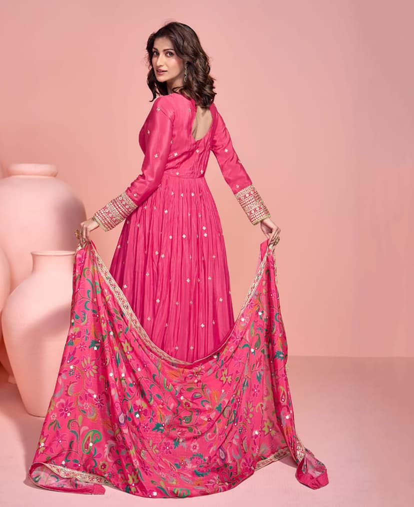 summer special pink chinon anarkali set for women view 3