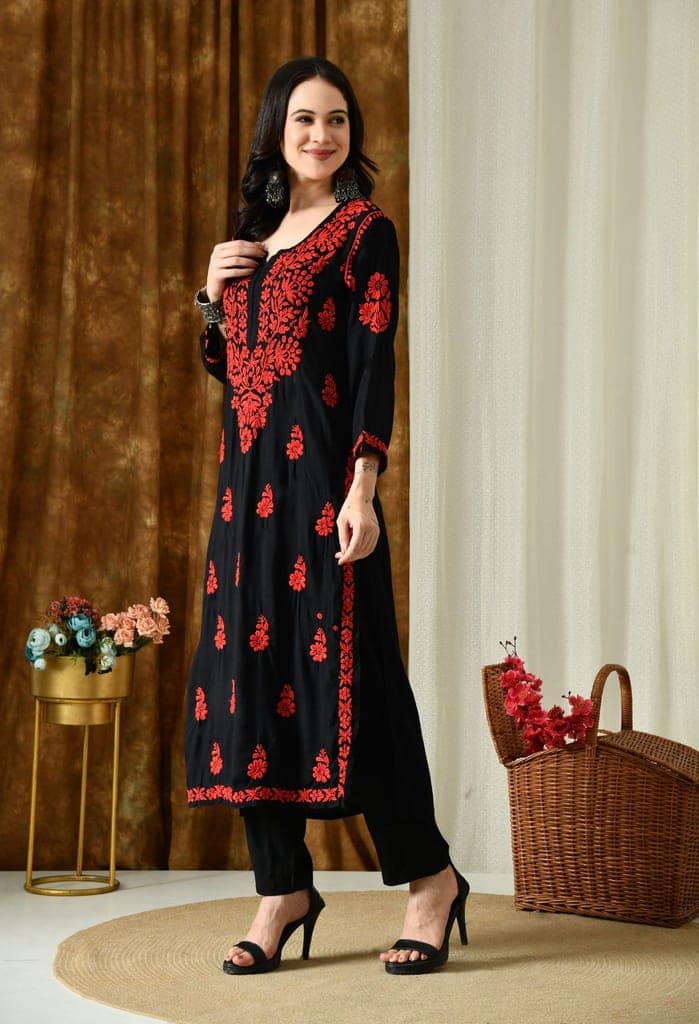 Black Kurta with Intricate Chikankari Work - Red view 3