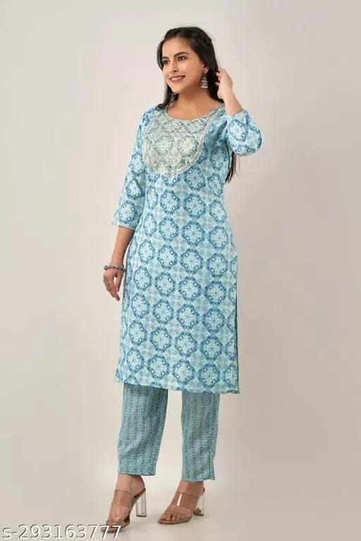 Blue Color Beautifull Printed Design Kurta Pant Ethnic Set ( Sky Blue)