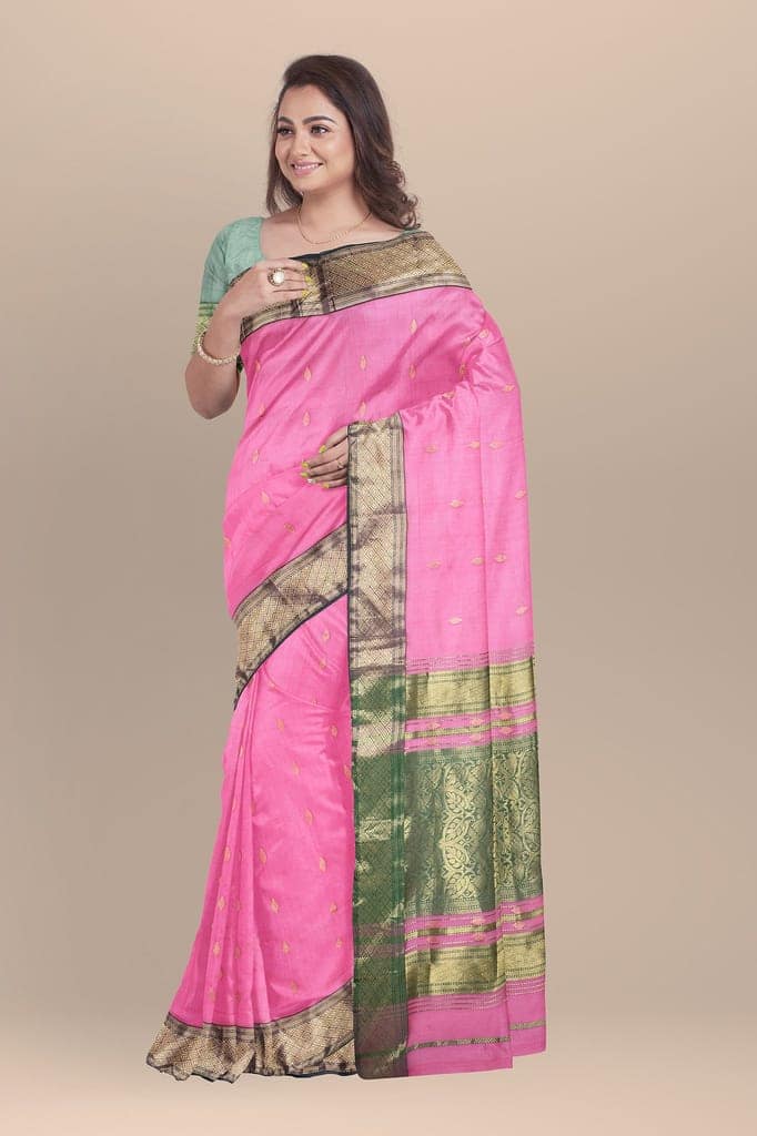 Dark Pink Buta Buti Motif Handwoven Sausar Silk with Green Zari Border Saree SKU- BS10019 view 2