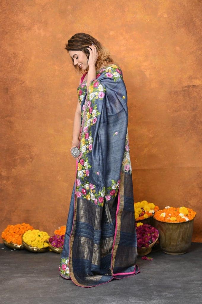 Designed By VMI~ Handloom Pure Tussar Silk Saree With Beautiful Floral Embroidery ~Grey view 2