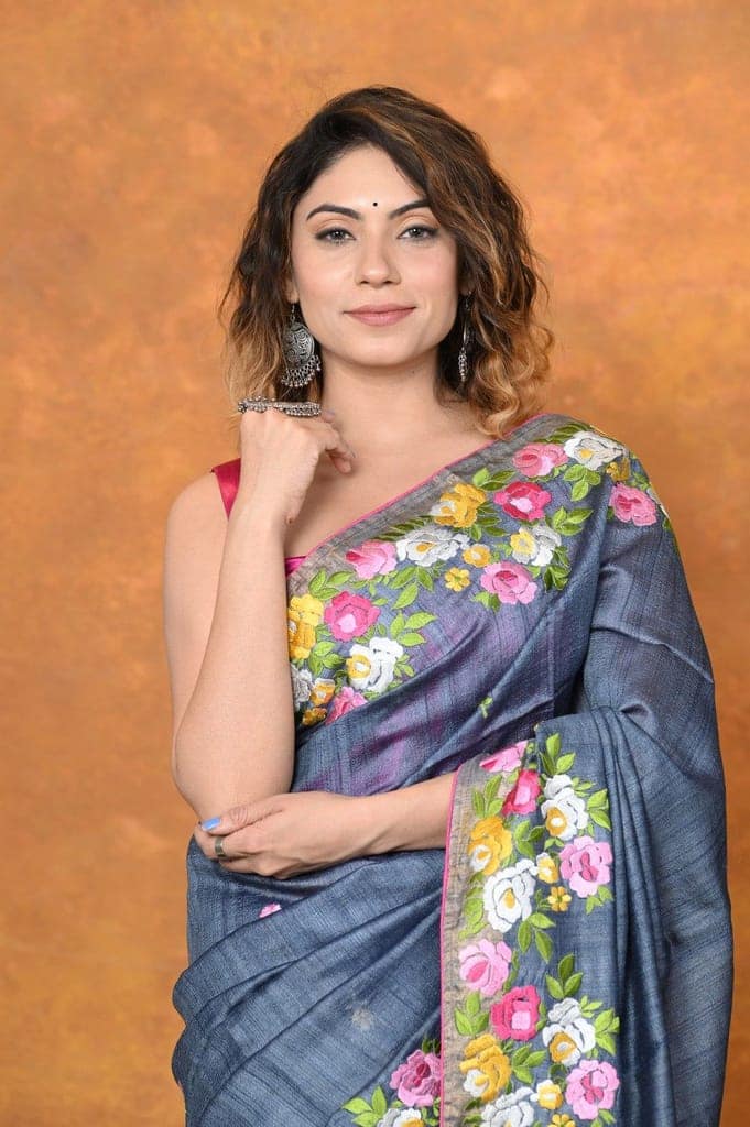 Designed By VMI~ Handloom Pure Tussar Silk Saree With Beautiful Floral Embroidery ~Grey view 3