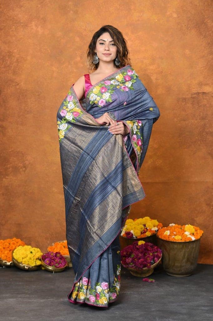 Designed By VMI~ Handloom Pure Tussar Silk Saree With Beautiful Floral Embroidery ~Grey view 4