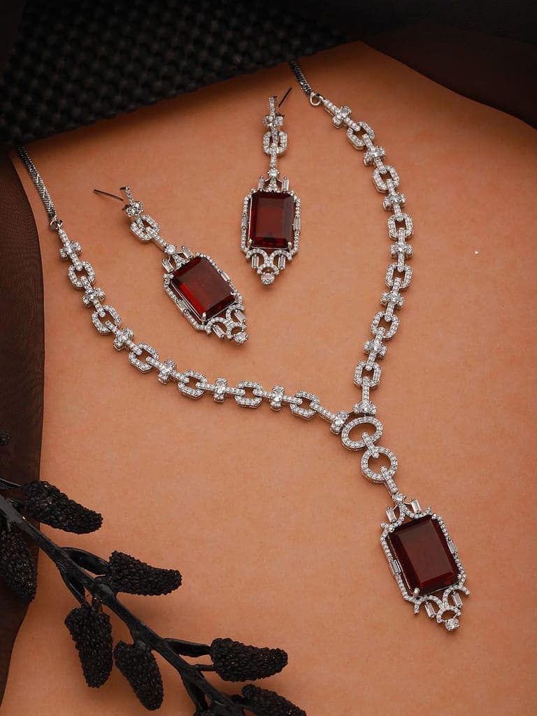 Silver Toned CZ Studded Red Ruby Designer Necklace Jewellery Set view 2