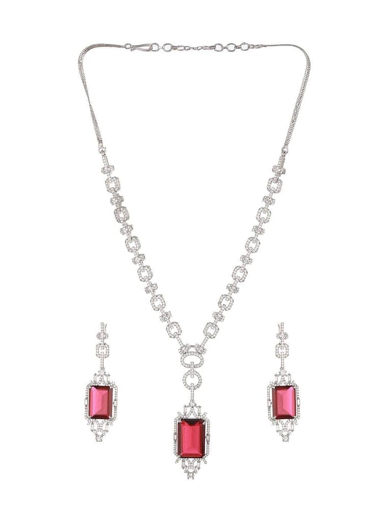 Silver Toned CZ Studded Red Ruby Designer Necklace Jewellery Set view 4