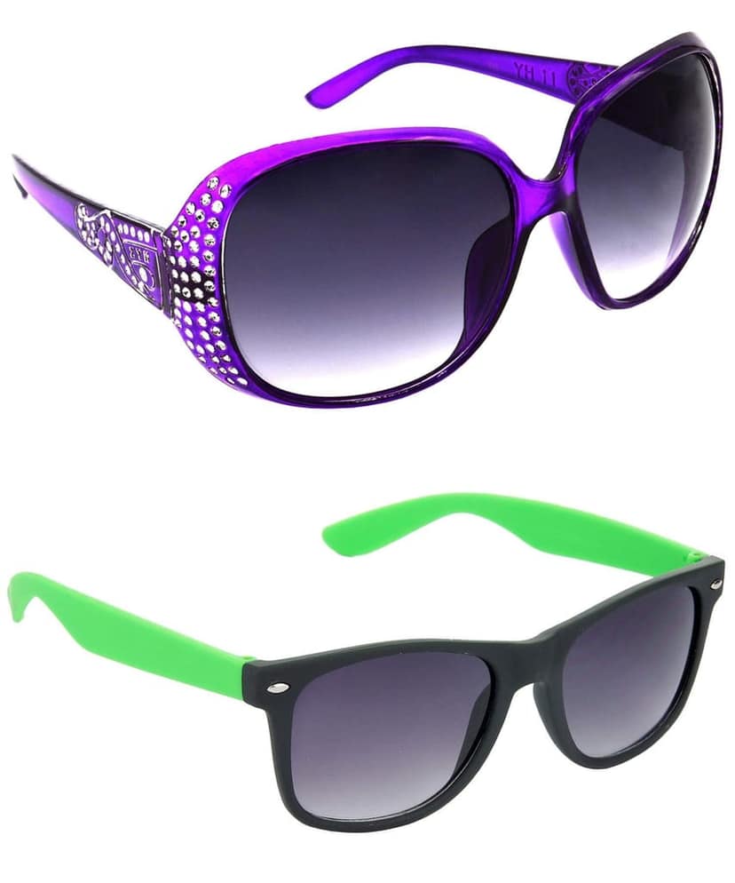Hrinkar Unisex Round Sunglasses Violet & Green Frame, Grey Lens (Large) - Pack of 2