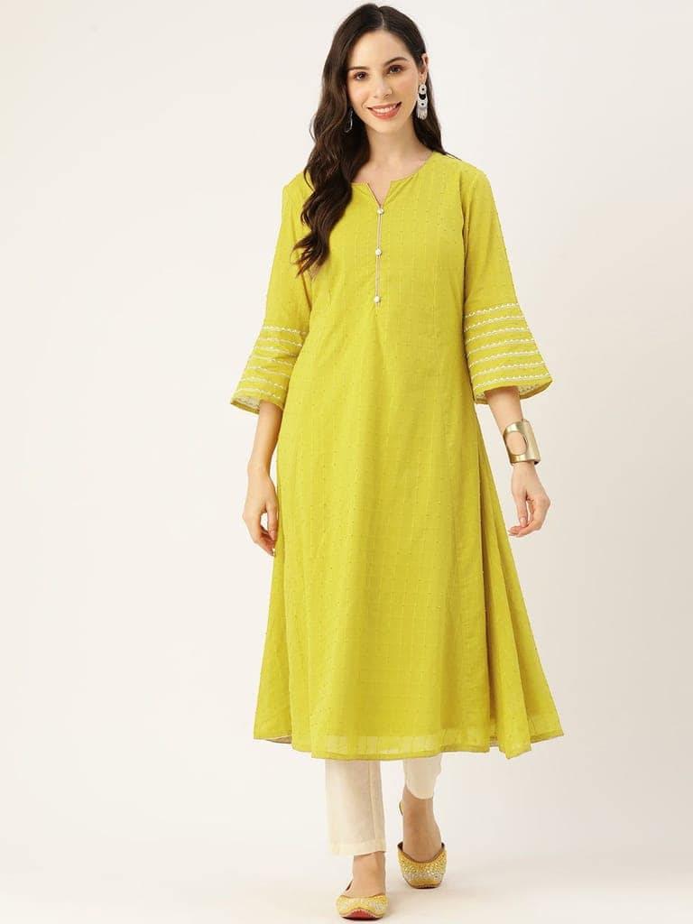 Women Bell Sleeves Thread Work Kurta view 4