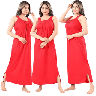 Satyam Nighties Women's Pure Hosiery Cotton Sleeveless Ankle Length Nighty (Red, Free Size) Combo - Set of 3