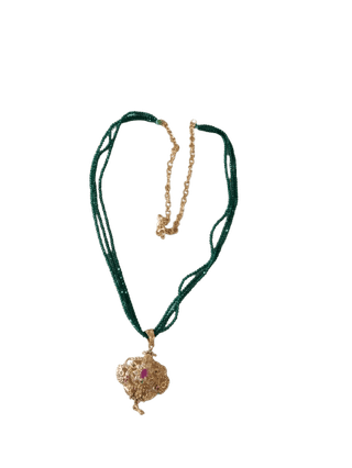 Gold Plated Traditional Indian Necklace Set with Green Beads and Pink Stone Pendant
