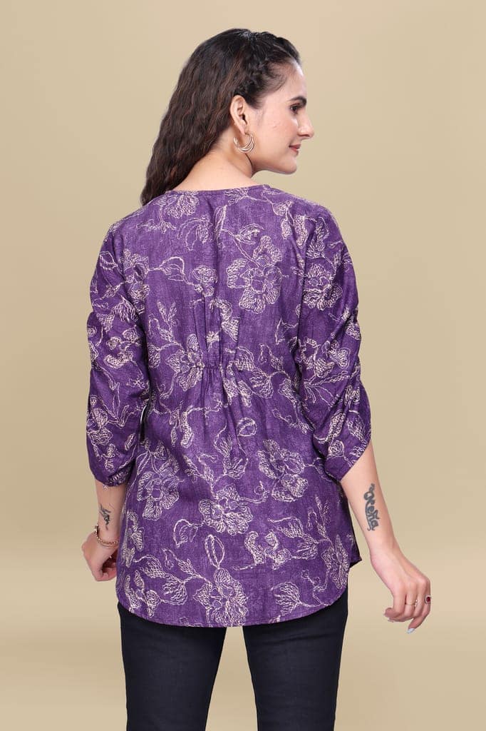 Purple Printed Cotton V-Neck Top with Three-Quarter Sleeves view 2