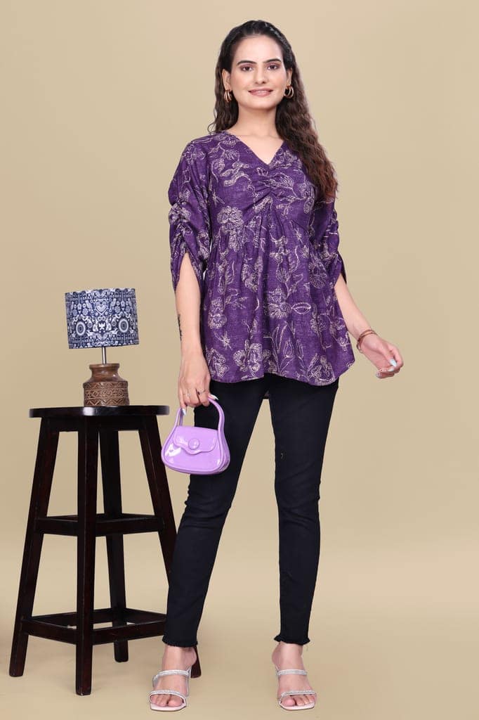Purple Printed Cotton V-Neck Top with Three-Quarter Sleeves view 5