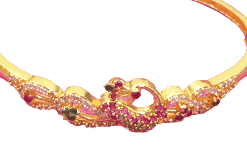 Gold Plated Peacock Design Bangle Bracelet with Ruby and Emerald Stones view 3