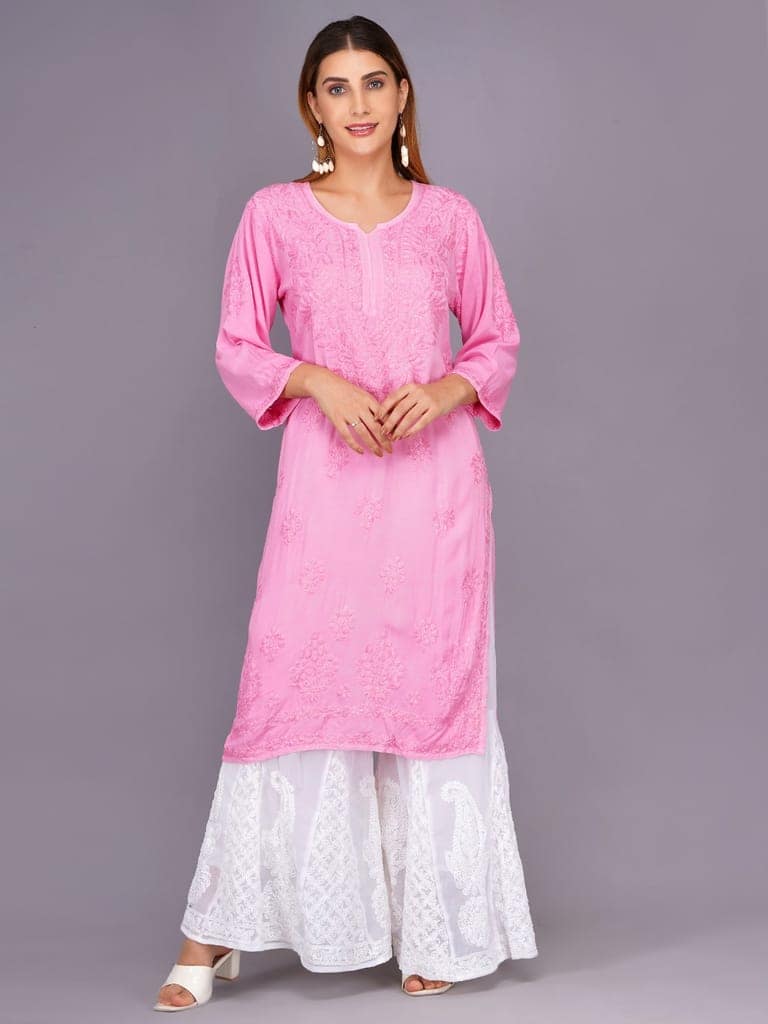 Mrs Right Women's Handcrafted Lucknow Chikankari Top | Premium 22 Kg Reyon Fabric |Pink Embroidered Casual Ethnic Kurti