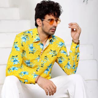 Aztec Lily Light Goldenrod Yellow Casual Pure Linen Full Shirt (Size - M) by BLUE EAGLE