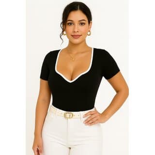 ATLIES Womens Black Ribbed Contrast Trim Fitted Top