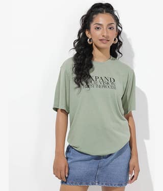 Diversify Women Cotton Blend Printed Oversized Fit Round Neck T-Shirt ( Green )