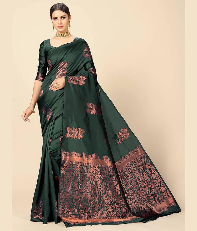 BLEESBURY Banarasi Silk Woven Saree With Unstitched Blouse Piece ( Navy Blue )