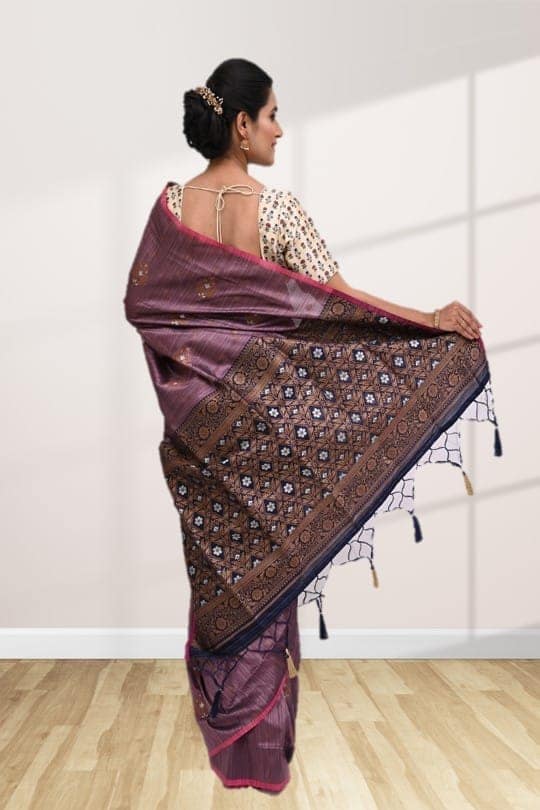 Mauve Tussar Silk Saree with Contrast Border view 2