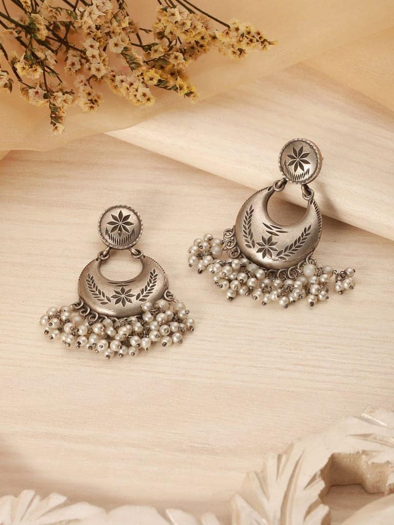 Oxidised Silver Lookalike Pearl Beaded Tribal Lightweight Chandbali Earrings view 2