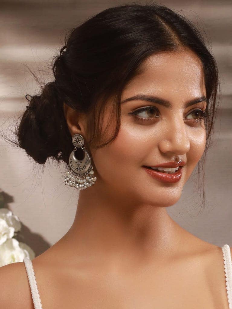 Oxidised Silver Lookalike Pearl Beaded Tribal Lightweight Chandbali Earrings view 3