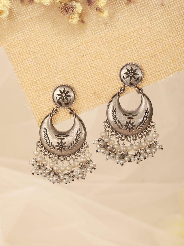 Oxidised Silver Lookalike Pearl Beaded Tribal Lightweight Chandbali Earrings view 6