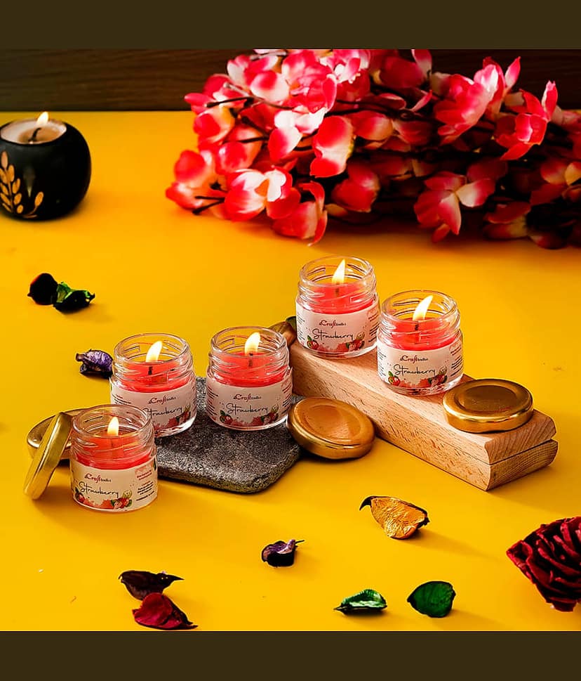 eCraftIndia Set of 5 Red Strawberry Scented Minijar Candle view 2