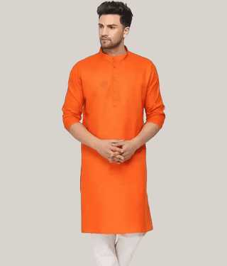 Balaji's Cotton Blend Plain Regular Kurta For Men ( Orange )