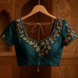 Traditional Embroidered Silk Blouse – Deep Green
