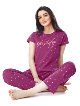 ZEYO Women's Cotton Navy Blue Flash Printed Stylish Night suit set