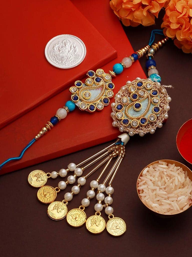 Set of 2 Stone Studded Designer handcrafted Lumba Rakhi set with 10 gram Shri Laxmi round 999 Round Silver Coin view 2