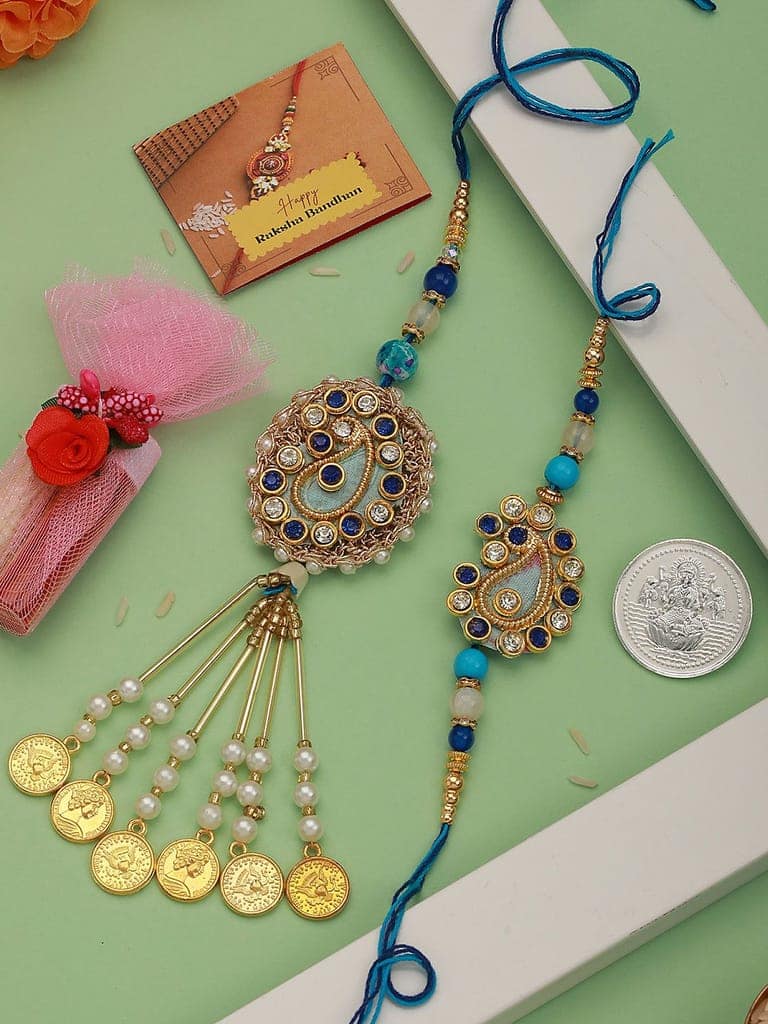 Set of 2 Stone Studded Designer handcrafted Lumba Rakhi set with 10 gram Shri Laxmi round 999 Round Silver Coin view 4