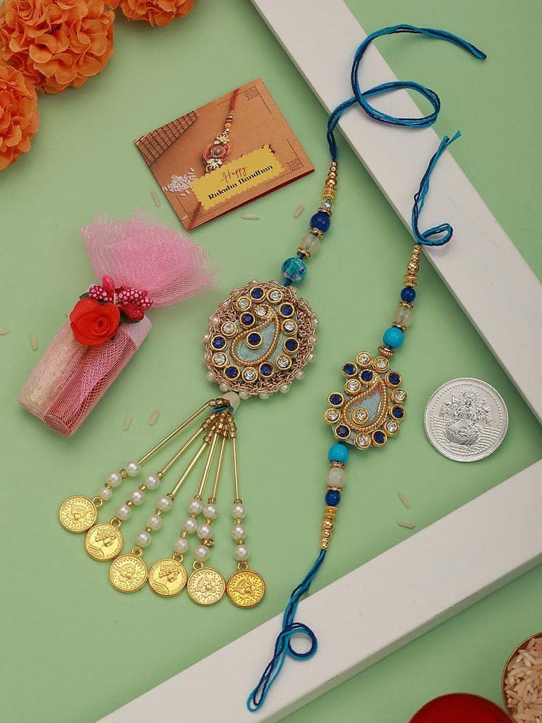 Set of 2 Stone Studded Designer handcrafted Lumba Rakhi set with 10 gram Shri Laxmi round 999 Round Silver Coin view 5