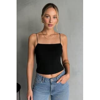 ATLIES Womens Solid Black Spaghetti Strap Camisole Crop Top