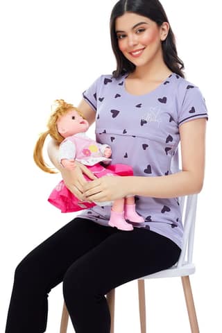 ZEYO Women Cotton Violet Heart Print Maternity & Feeding Top