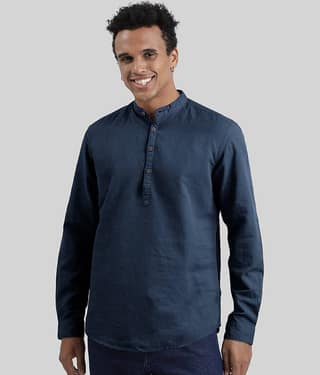 IVOC Men Navy Blue Slim Fit Cotton Linen Kurta