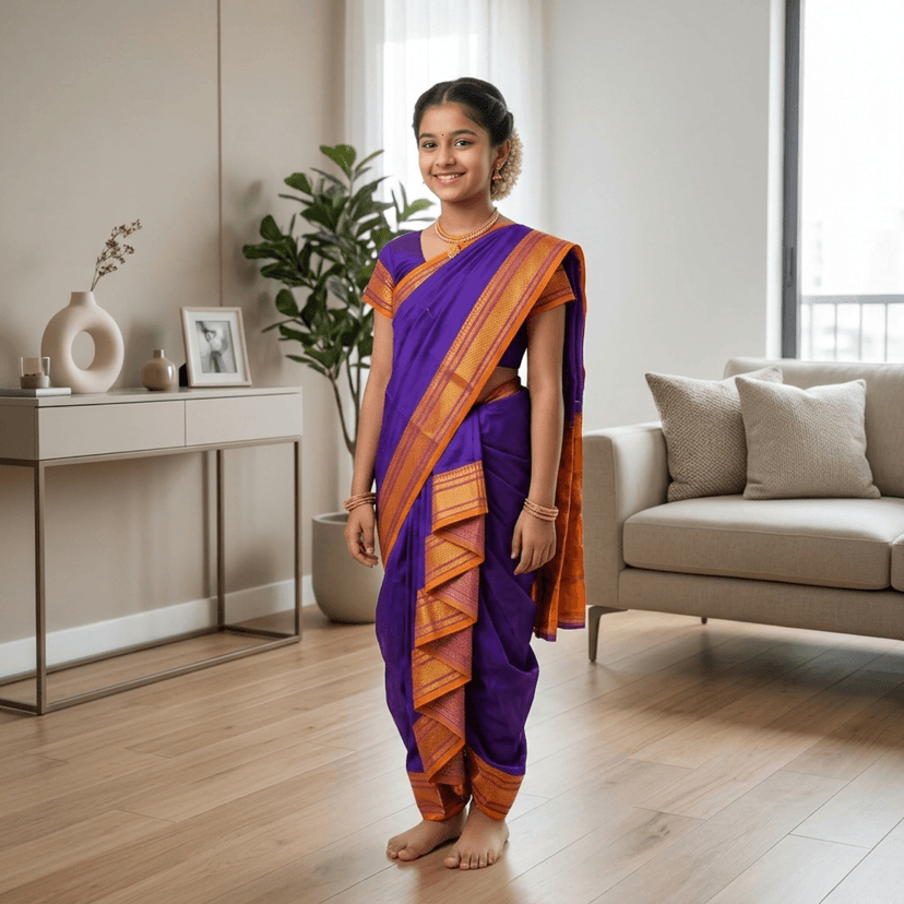Mom and Me Nauvari Saree for Girls/Baby Girl, Ready to Wear, Marathi Maharashtrian Traditional Saree, Festival Outfit for Puja, Ganpati Festival, School Programs stitch Blouse (Blue, 13-14 Years) view 3