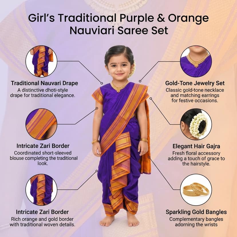 Mom and Me Nauvari Saree for Girls/Baby Girl, Ready to Wear, Marathi Maharashtrian Traditional Saree, Festival Outfit for Puja, Ganpati Festival, School Programs stitch Blouse (Blue, 13-14 Years) view 4