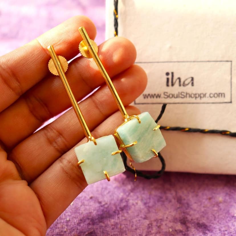 iha Aqua Druzy Cube Danglers Designer Gold Toned Earrings |Dangler Earrings|Fashion Jewellery|Handcrafted|Statement Earrings for Women and Girls|Soul Shoppr view 3