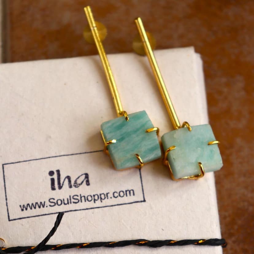 iha Aqua Druzy Cube Danglers Designer Gold Toned Earrings |Dangler Earrings|Fashion Jewellery|Handcrafted|Statement Earrings for Women and Girls|Soul Shoppr view 4