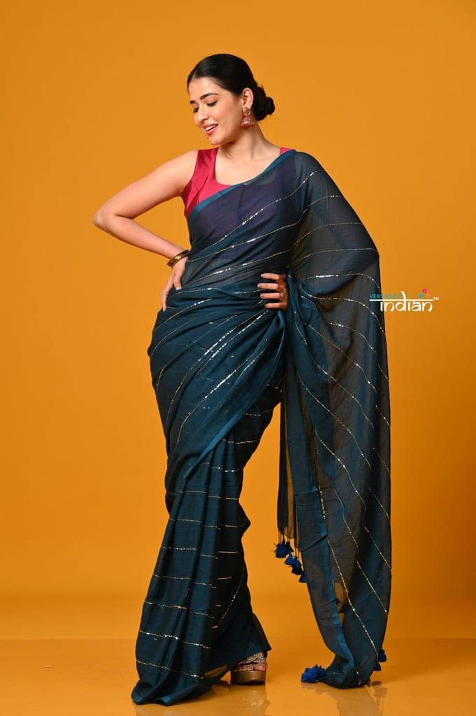 Param Sundari ~ Designer Mul Cotton Handloom Saree with Sequins - Deep Cyan Blue view 2