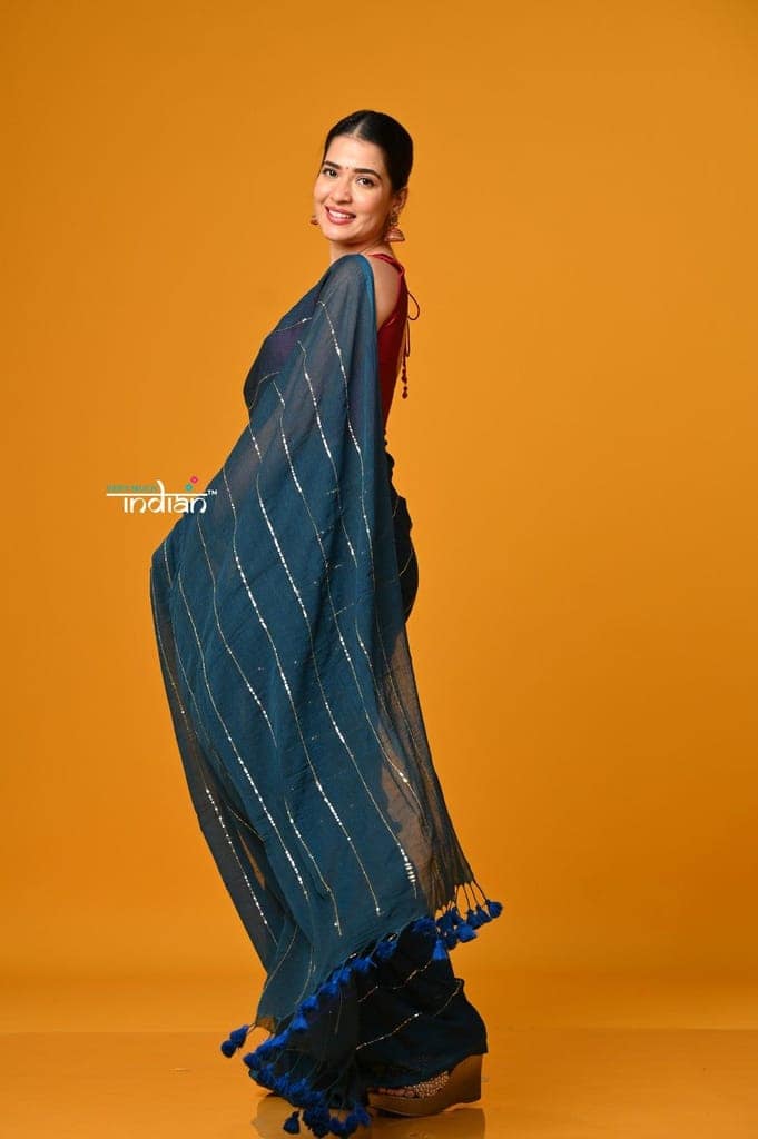 Param Sundari ~ Designer Mul Cotton Handloom Saree with Sequins - Deep Cyan Blue view 3