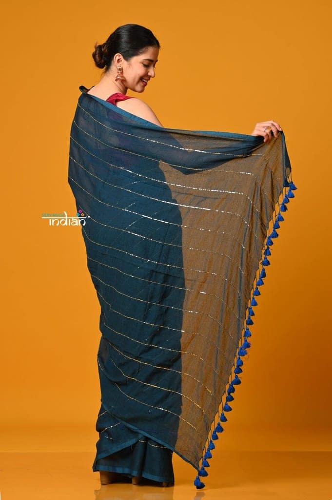 Param Sundari ~ Designer Mul Cotton Handloom Saree with Sequins - Deep Cyan Blue view 4