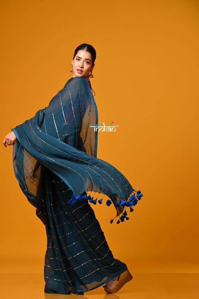 Param Sundari ~ Designer Mul Cotton Handloom Saree with Sequins - Deep Cyan Blue view 5