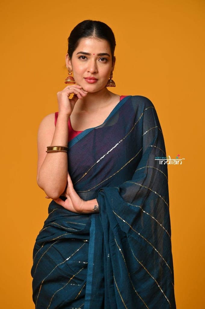 Param Sundari ~ Designer Mul Cotton Handloom Saree with Sequins - Deep Cyan Blue view 6