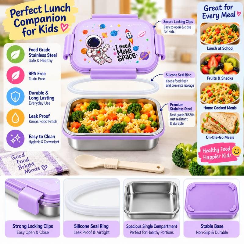 Bite Buddy Stainless Steel Lunch Box (Purple, Astronaut Print) | Durable & Leak-Resistant | School & Office Use view 4