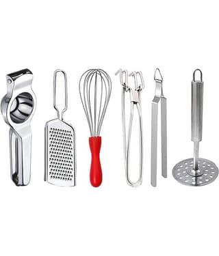 JISUN - Silver Stainless Steel Lemon-Grater-Whisk-Pakkad-Chimta-Masher ( Set of 6 )