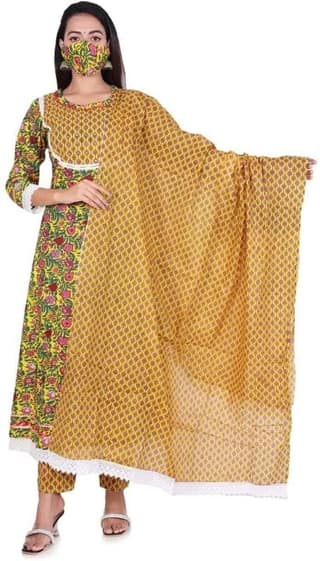 MANMAYEE Women's Badala Work On Yoke Cotton Kurti With Pant & Dupatta | Flared Kurti Set